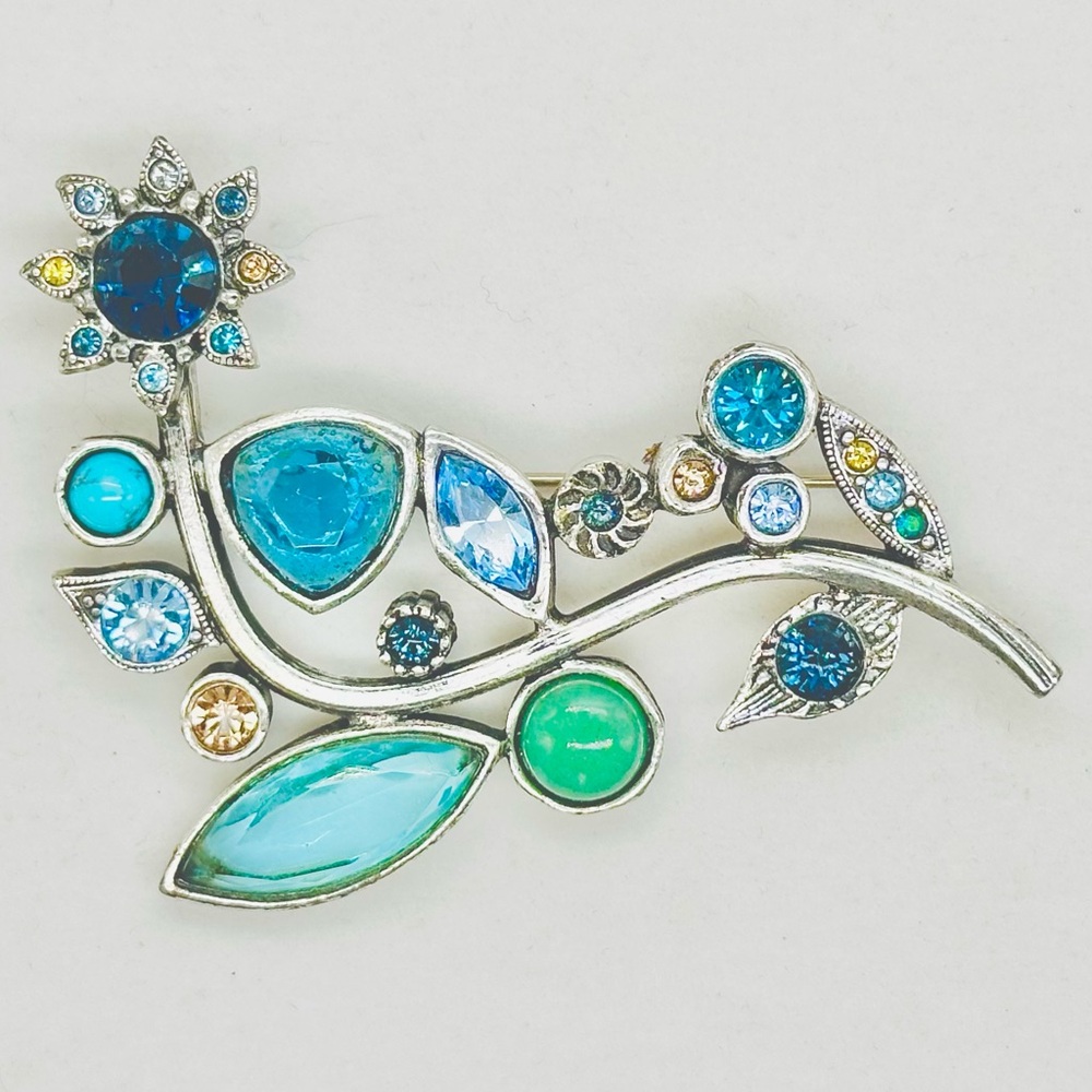 Silver Tone Blue Mixed Crystal Flower Brooch Pin Sparkle Rhinestone